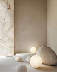 A serene minimalist corner with smooth light-gray stones arranged organically, featuring glowing spherical lamps in varying sizes emitting warm white light. 3D render.