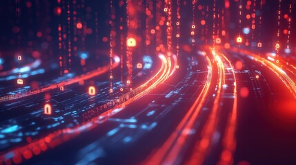 A computer generated image of a highway with many red and blue lights