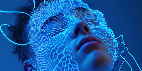 Human Face with Blue Luminous Net Overlay