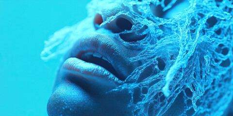Close-up of Face Partially Covered by Blue Translucent Material