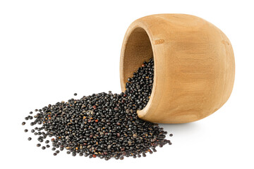 black quinoa in wooden bowl isolated on white background