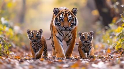 A majestic tigress leads her two adorable cubs on a forest trail in an enchanting autumn setting