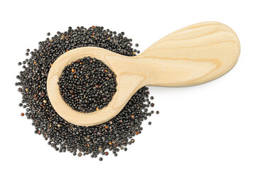 black quinoa in wooden spoon isolated on white background. Top view. Flat lay