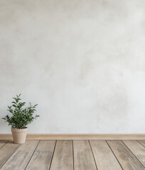 Minimalist interior with potted plant | Textured white wall and rustic wooden floor with small green plant in ceramic pot, natural lighting, empty space, product presentation background.