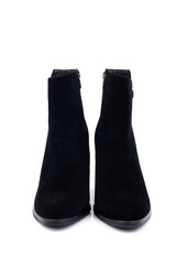 Black women's leather ankle boots with high heels made of leather, isolated on white background. Women's fashionable classic spring-autumn boots.