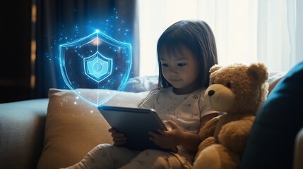 Child using tablet with digital security shield icon protection concept