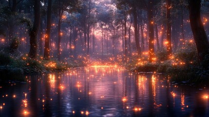 Enchanting Forest Scene with Sparkling Lights Reflected in Calm River at Twilight