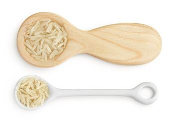 rice basmati in a ceramic and wooden spoon isolated on white background. Top view. Flat lay