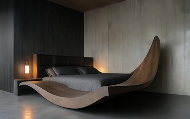 Sleek underground lair bedroom with dark concrete walls in shades of black and gray. 