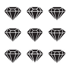 Diamond icon set. Different shapes of diamond cuts. Dimond icon set in flat style. Abstract black diamond collection icons. Gemstone icon set. Diamonds logo design. Vector illustration.