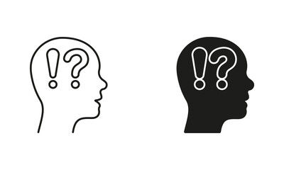 Human Head with Question Mark, Exclamation Point. Man Confused Line and Silhouette Icon Set. Editable Stroke. Isolated Vector Illustration
