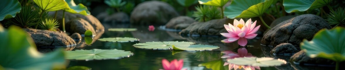 Water features and lotus flowers in serene Zen garden, floral, nature