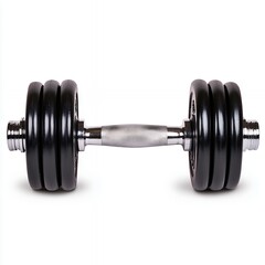 Naklejka premium Close-up view of a black dumbbell with chrome handles, isolated on a white background, ideal for fitness and weight training image