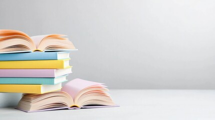 Colorful books stacked on table, study space, learning, education, background copy space