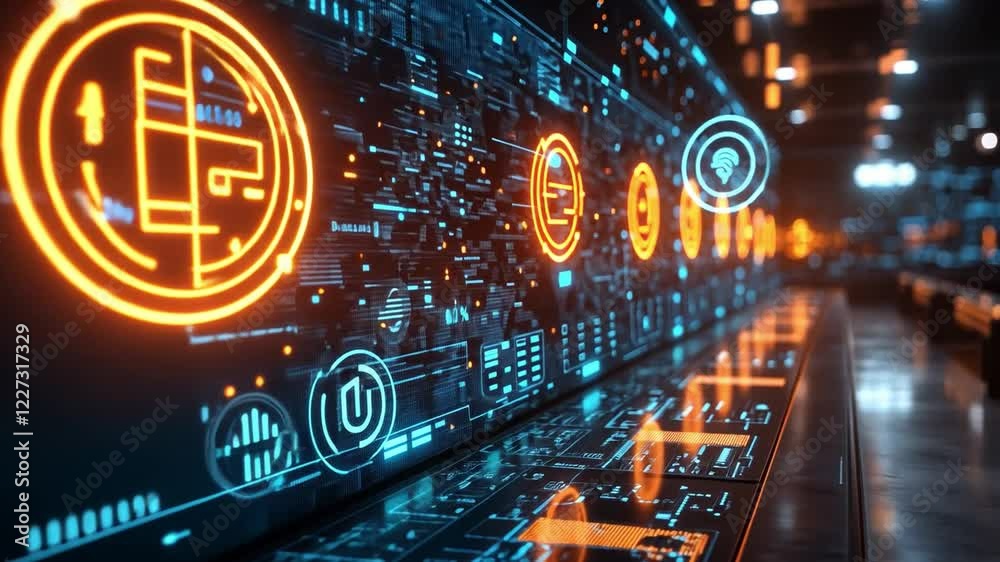 Poster futuristic digital display with glowing circuits and cryptocurrency symbols in a tech setting