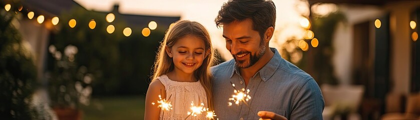 A family holding sparklers at a backyard Fourth of July celebration