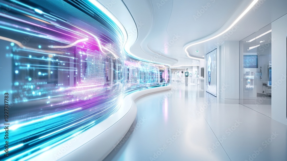Poster a sleek hallway features bright, glowing digital elements flowing along the walls. this contemporary