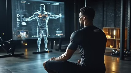 A man engages with a holographic fitness display in a modern gym, analyzing his workout metrics - Powered by Adobe