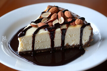 Delicious slice of creamy cheesecake topped with chocolate sauce and almonds on a white plate