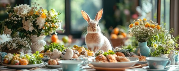 A festive Easter brunch with bunny-themed decorations, welcoming spring