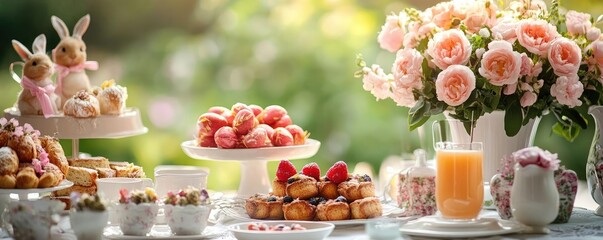 A festive Easter brunch with bunny-themed decorations, welcoming spring