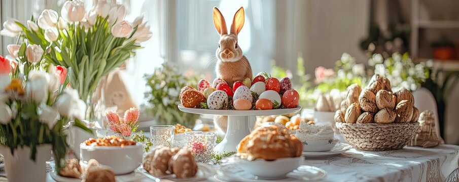 A festive Easter brunch with bunny-themed decorations, welcoming spring