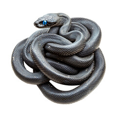 Fototapeta premium Coiled black snakes tightly intertwined, displaying glossy scales isolated on white transparent background, reptiles or wildlife, symbolizing Chinese Lunar New year