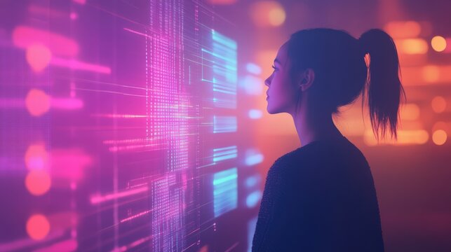 A woman is looking at a computer screen with a purple background