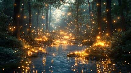 Enchanting Forest Stream Illuminated by Glowing Light Particles in a Tranquil Natural Landscape