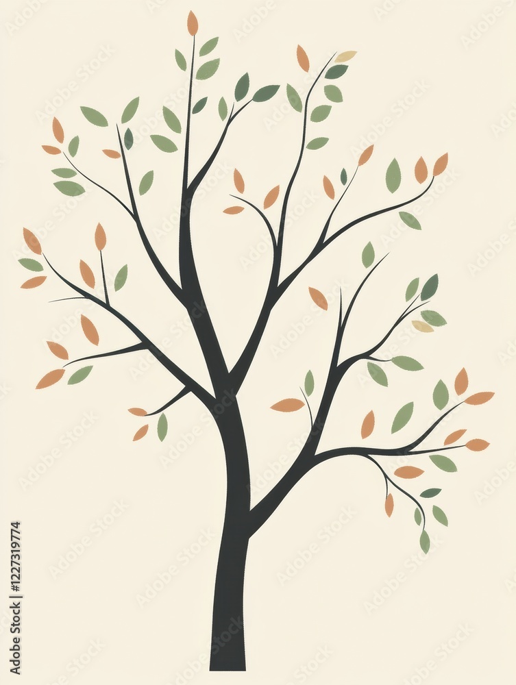 Aufkleber Detailed illustration of a stylized tree with branches and leaves in various colors against a soft background. Generative AI