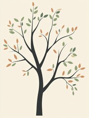 Fototapeta premium Detailed illustration of a stylized tree with branches and leaves in various colors against a soft background. Generative AI