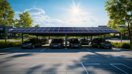 Solar panel canopy over a parking lot, installed as shade roof over parking lot with parked cars for effective generation of clean electricity. 