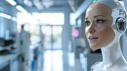 Naklejka premium Futuristic female android with realistic facial features in a modern laboratory setting
