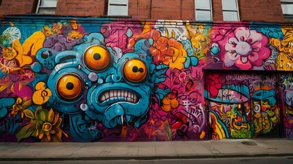 Vibrant Colorful Graffiti Mural on Brick Wall