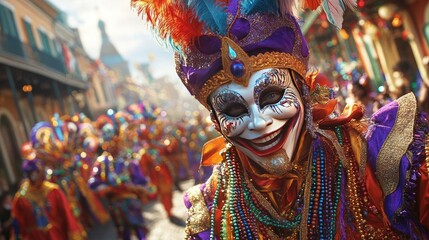 Fototapeta premium A lively street parade celebrating Mardi Gras, filled with beads and masks