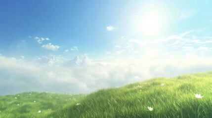 Sunny day, green grass hill, fluffy clouds, bright sky.