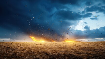 Field with numerous birds flying in a clear blue sky during a sunny day