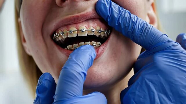 The doctor is examining a female patient with braces. The problem of plaque on teeth during orthodontic treatment.