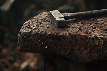 Close-up of a weathered anvil with a hammer resting on it, surrounded by sparks in a blacksmith workshop