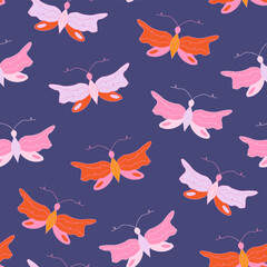 Colorful seamless pattern with hand-drawn moths. Vector pattern with bright orange and pink butterflies on a deep blue background 