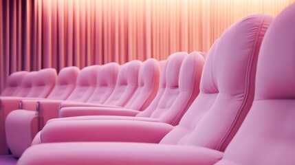 Fototapeta premium Row of pink theater seats in an empty auditorium with soft lighting and curtains