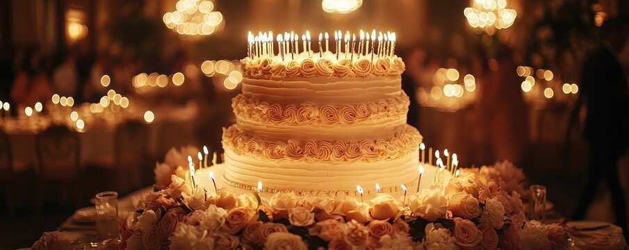 A milestone birthday celebration, with candles on a giant cake