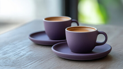 Fototapeta premium Tiny espresso cups in matte purple stoneware, paired with matching saucers for a minimalist coffee setup.