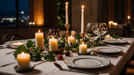Warm Candlelit Dinner Table Setting with Greenery