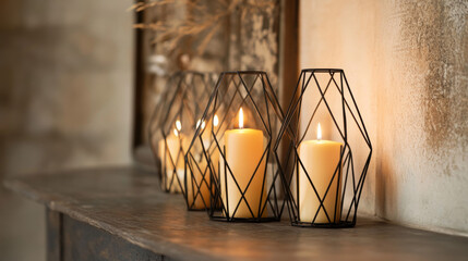 Thin, geometric metal candle holders in black or gold, with candles in soft yellow tones for a warm, cozy touch. 