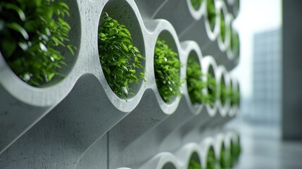 Concrete wall with circular openings, each holding lush green plants, in a modern setting