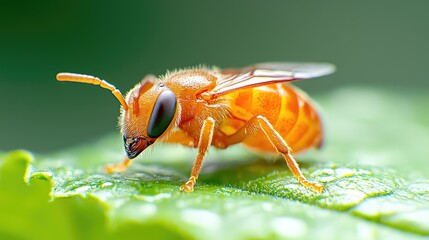 Naklejka premium Orange bee on leaf, dew drops, green background, nature macro