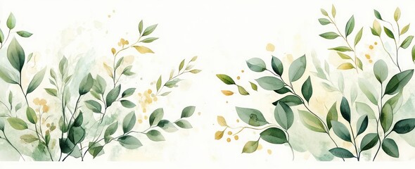 Botanical Watercolor Illustration of Green and Gold Leaves for Wedding Invitations and Greeting Cards