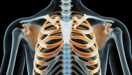Sternum or breastbone and manubrium bones x-ray. Osteology of the human skeleton 3D rendering illustration. Anatomy, medical, science, biology, healthcare concepts , with white tonespn