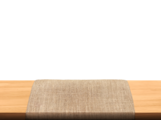 Empty sackcloth on wooden table PNG transparent.